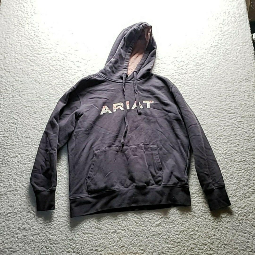Ariat REAL Hoodie Womens Medium Gray Floral Logo Fleece Pullover Kangaroo Pocket